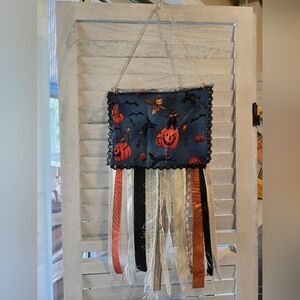 Pumpkin Halloween Ribbon Flag Door Wall Homespun Black Cat Rag Primitive Fall